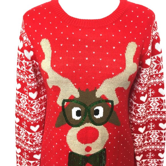 Ugly Christmas Sweater Red knit w/ Reindeer by Absolutely Famous EUC - Picture 3 of 12